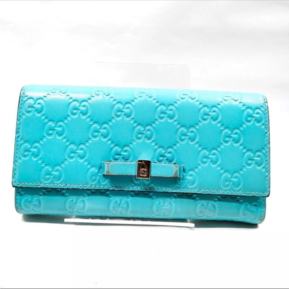 Auth Gucci Turquoise Blue GG Monogram MicroGuccisima Continental Wallet Bow